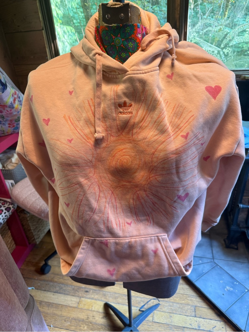 Adidas Peach Pink Hand-Painted Sunburst Hoodie with Hearts